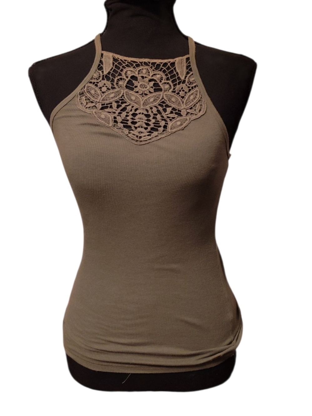 Hollister Olive Crochet Halter Ribbed Tank